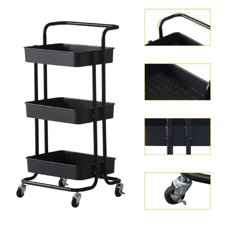 ESTANTE DE ALMACENAMIENTO RODANTE DE 3 NIVELES DE PLASTICO COLOR NEGRO 44x34x17CM