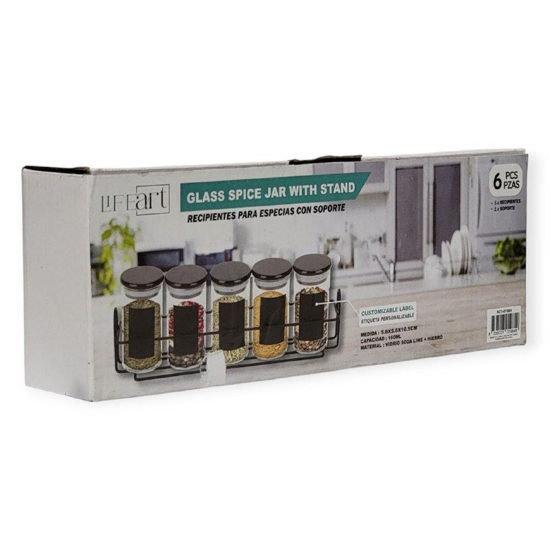 ORGANIZADOR DE ESPECIAS RECIPIENTES DE VIDRIO CON SOPORTE 5PCS LIFEART 160ML