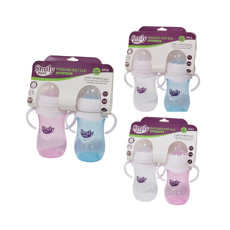 BIBERON CHUPON PARA BEBES EN SET DE 2 PIEZAS CON ASAS CAPACIDAD DE 260ML SMILY BABY