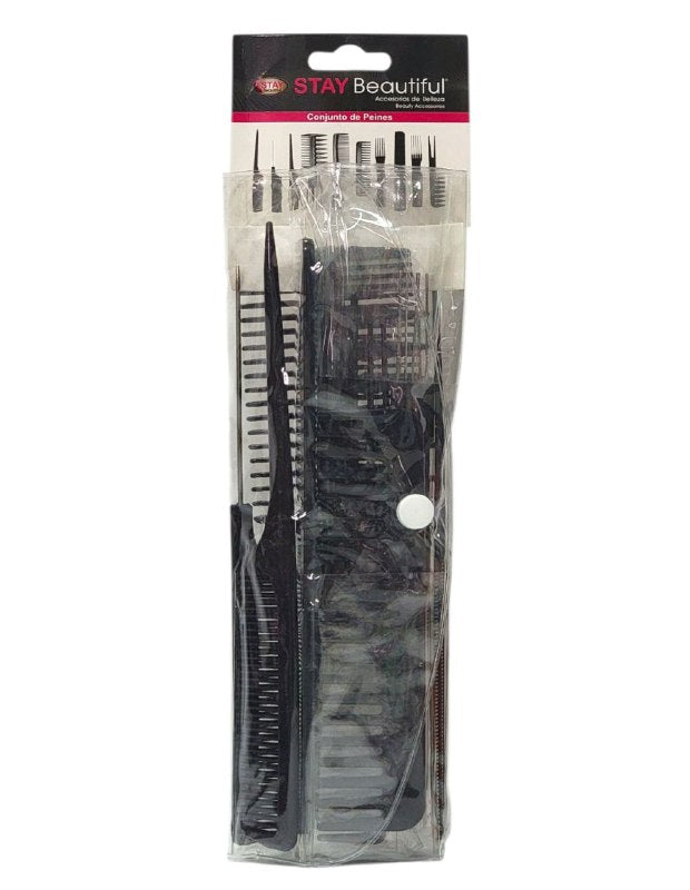 SET DE CEPILLO PEINES DE PELUQUERIA PROFESIONAL DE COLOR NEGRO 10PCS STAY BEAUTIFUL