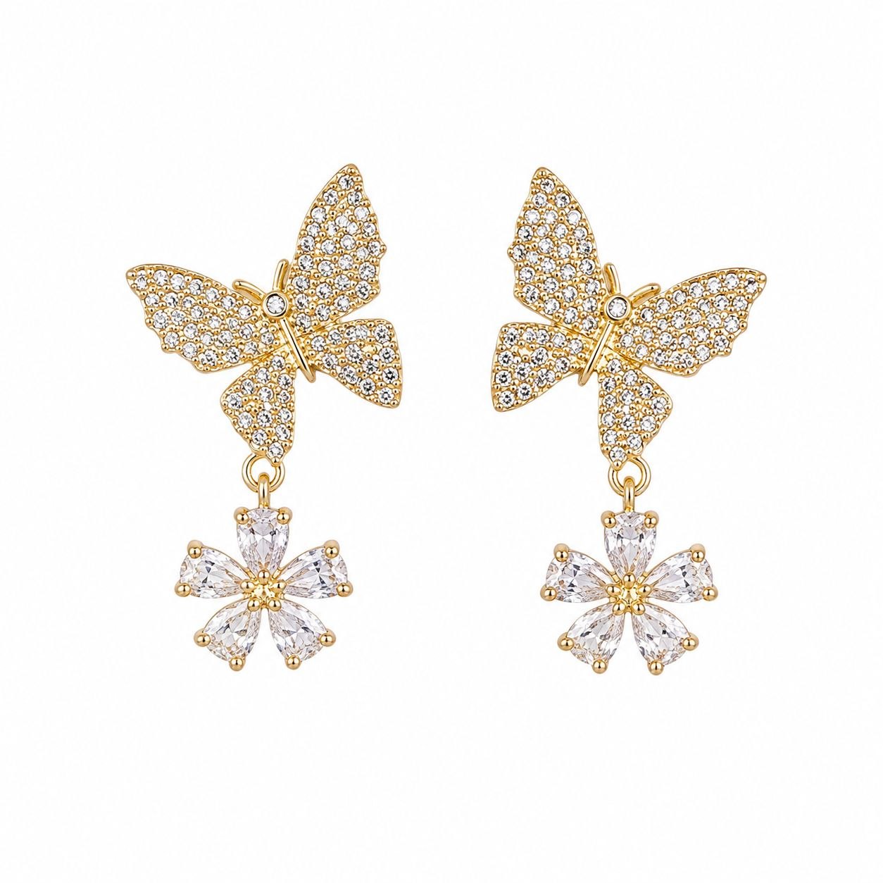ARITOS DE ENCHAPE PARA DAMA CON DISENO DE MARIPOSA Y FLOR COLGANTE CON CRISTALES