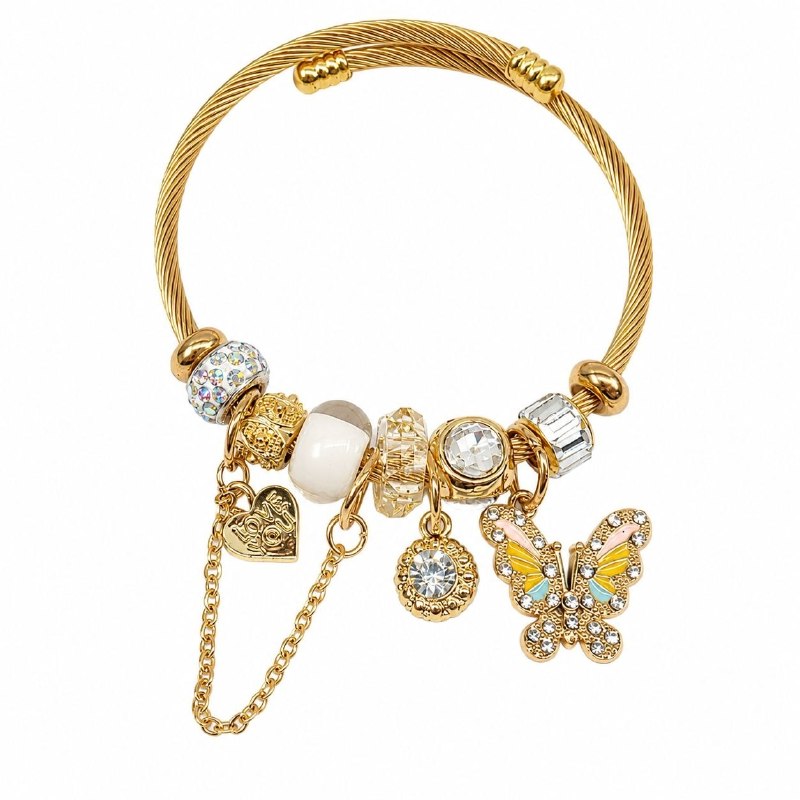 PULSERA DE ENCHAPE PARA DAMA CON DISEÑO DE CORZON, FLOR Y MARIPOSA 6CM