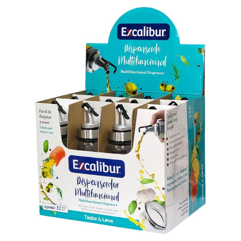 BOTELLA DISPENSADORA DE ACEITE MULTIFUNCIONAL DE VIDRIO Y ACERO INOXIDABLE EXCALIBUR 250ML