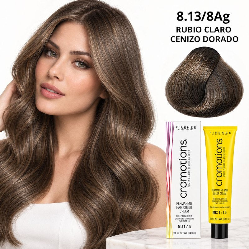 TINTE PERMANENTE PARA EL CABELLO EN CREMA RUBIO CLARO CENIZO DORADO 8.13/ 8AG FIRENZE 100ML
