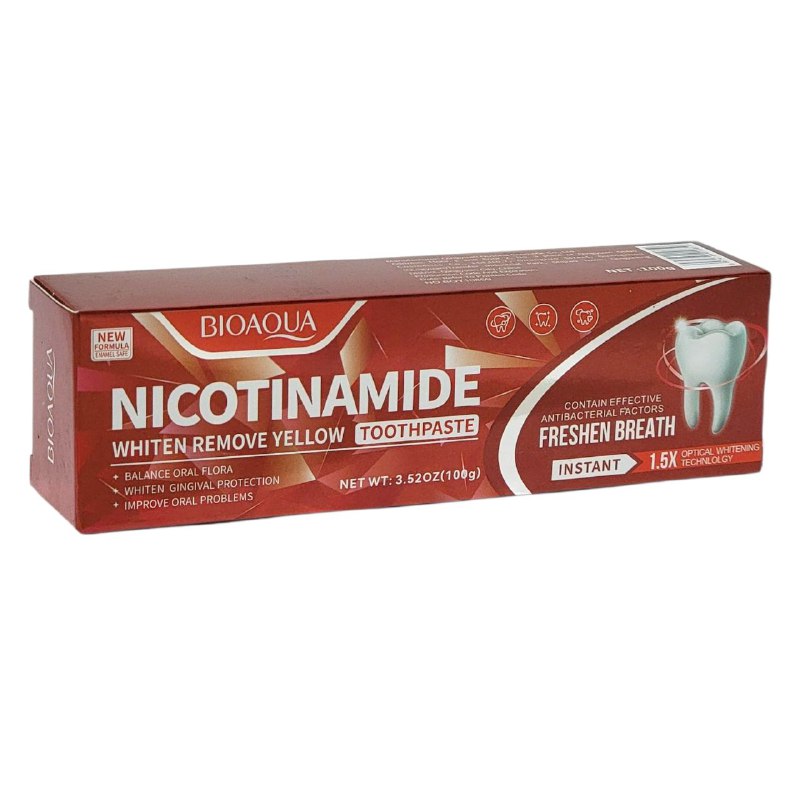PASTA DE DIENTES, DE NICOTINAMIDA, BLANQUEA Y ELIMINA EL AMARILLO DE LOS DIENTES, REFRESCA Y LIMPIA LA BOCA MANCHAS Y SARRO BIOAQUA 100G