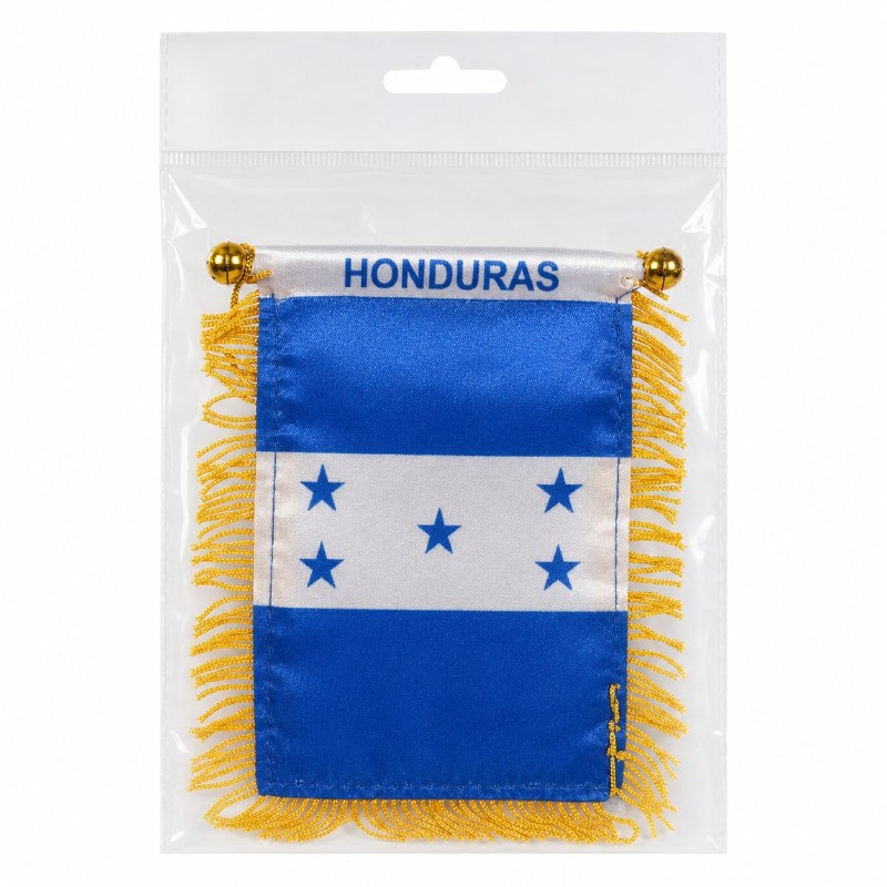 MINI BANDERA DECORATIVA DE HONDURAS CON FLECOS DORADOS CORDÓN Y VENTOSA