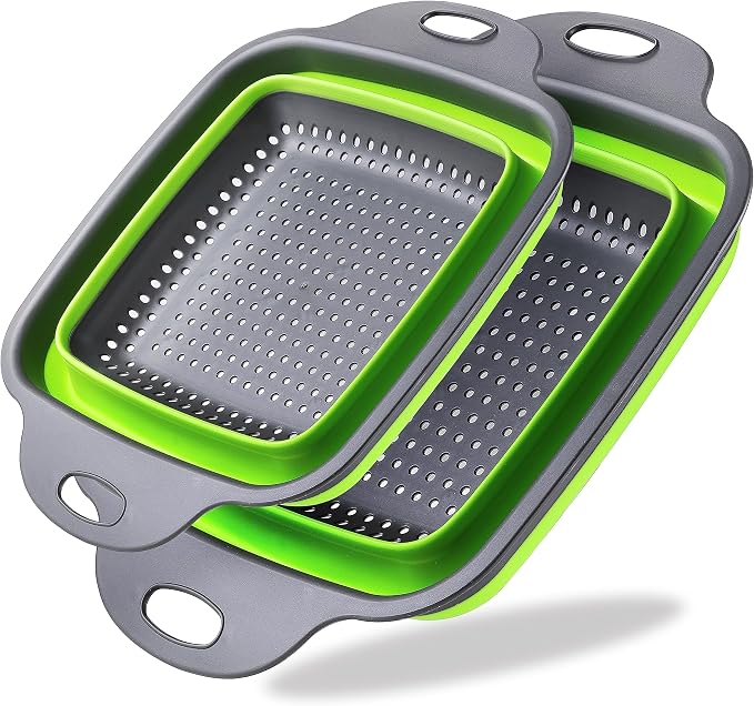CANASTA COLADOR PLEGABLE DE SILICONA PARA COCINA EN SET DE 2 PIEZAS 25.5X18.5CM/22X29CM