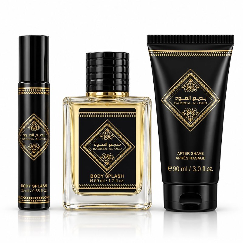 SET MYSTICAL BADEEA AL OUD EDP 20ML, SPLASH 50ML, CREMA DESPUES DE AFEITAR 90ML (H) (AROMA SIMILAR LATTAFA BADEE AL OUD FOR GLORY