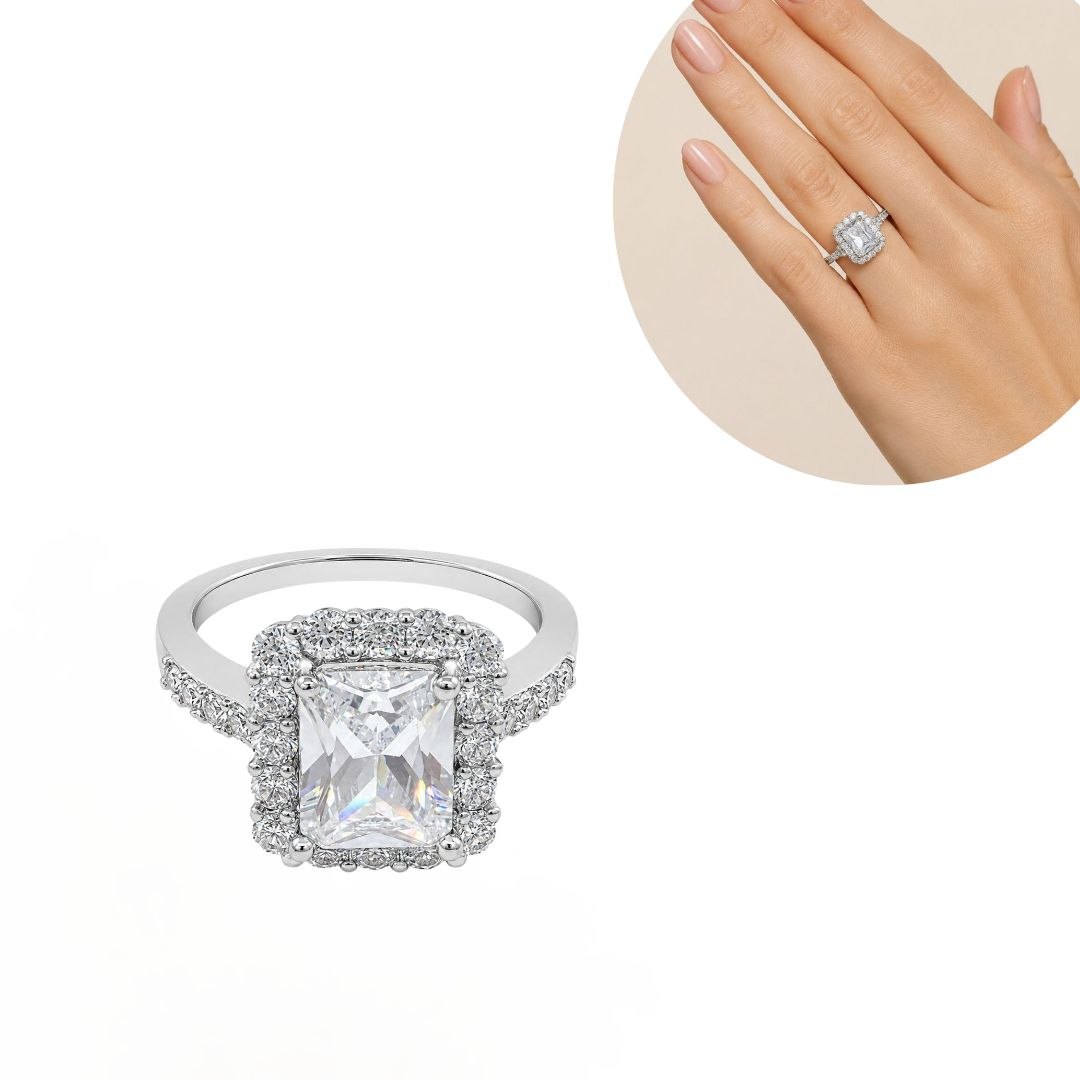 ANILLO DE ENCHAPE PARA DAMA CON CIRCÓN CORTE ESMERALDA Y ESTILO HALO