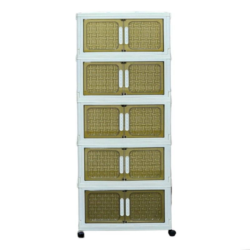 ORGANIZADOR ESTANTE DE ALMACENAMIENTO MODULAR DE PLASTICO DE 5 NIVELES, CON PUERTAS FRONTALES Y RUEDAS ELEGANTE Y RESISTENTE 49.5X27.5X27CM