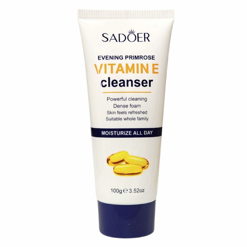 LIMPIADOR FACIAL DE ONAGRA CON VITAMINA E, ESPUMA RICA, DENSA Y DELICADA QUE LIMPIA SUAVEMENTE LA PIEL GRASA Y RESIDUOS DE MAQUILLAJE SADOER VITAMIN E 100G