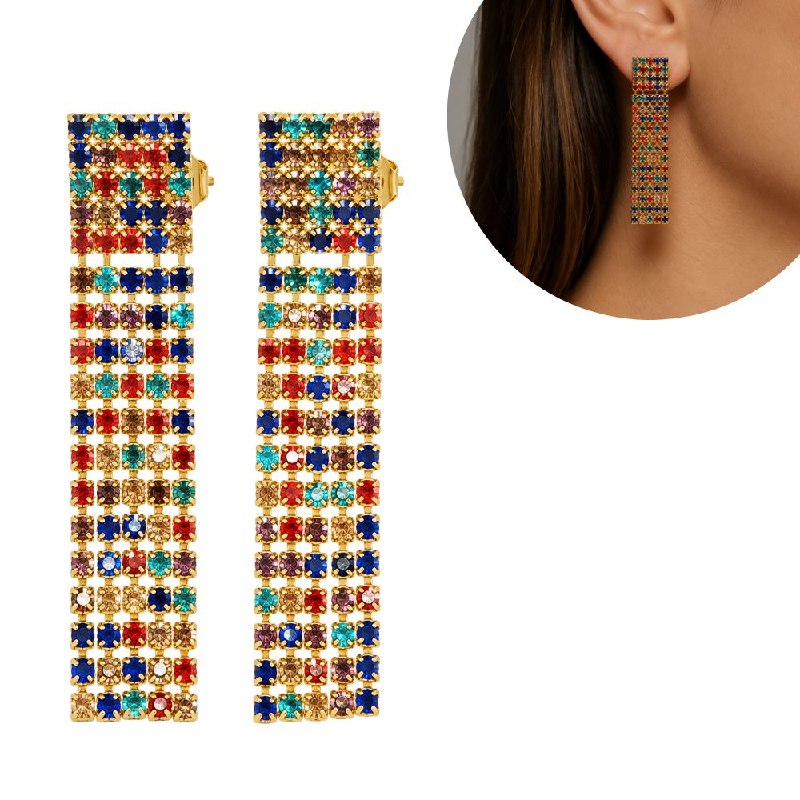 ARITOS DE ENCHAPE PARA DAMA CON DISEÑO DE PIEDRAS MULTICOLOR 5CM