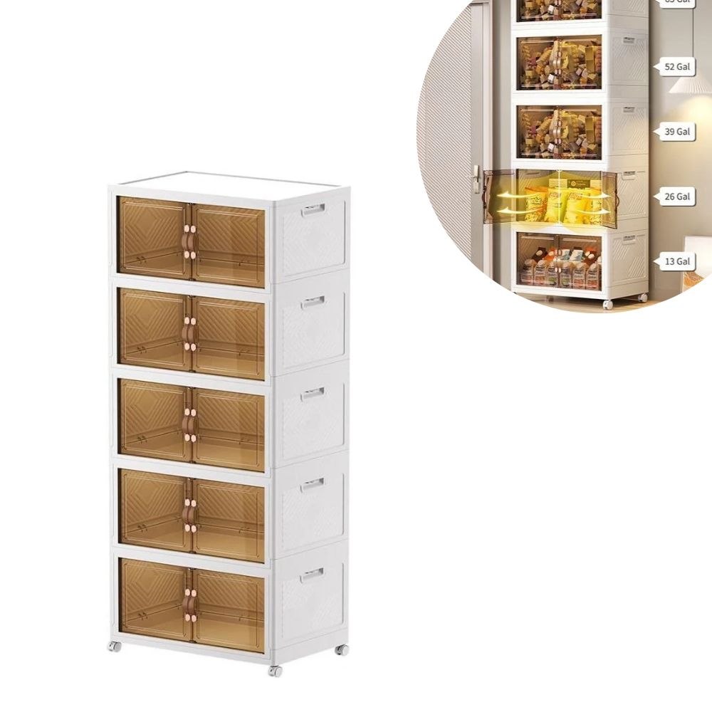 ORGANIZADOR ESTANTE DE ALMACENAMIENTO APILABLE CON RUEDAS DE 5 NIVELES DE PLASTICO 48.5X48X35CM