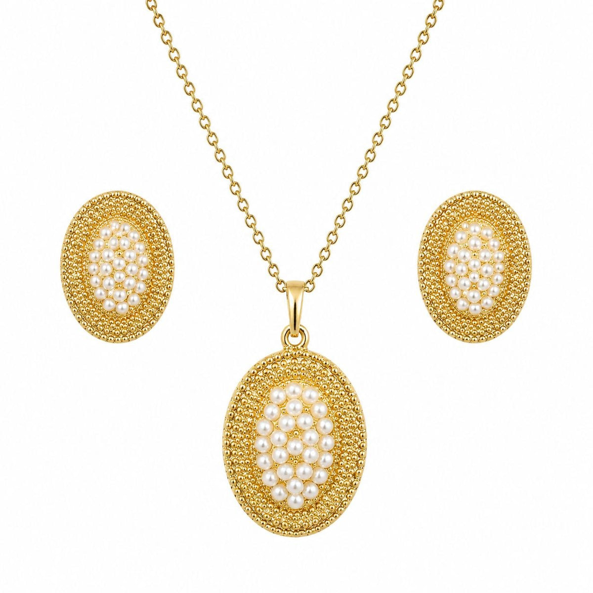 SET DE JOYERÍA ENCHAPE PARA DAMA CON DIJE OVALADO Y ARETES DE PERLAS PAVÉ