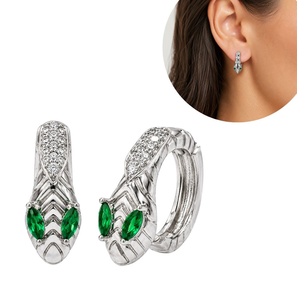 ARGOLLAS DE ENCHAPE PARA DAMA CON DISEÑO DE SERPIENTE Y CIRCONES VERDES EN CORTE MARQUESA