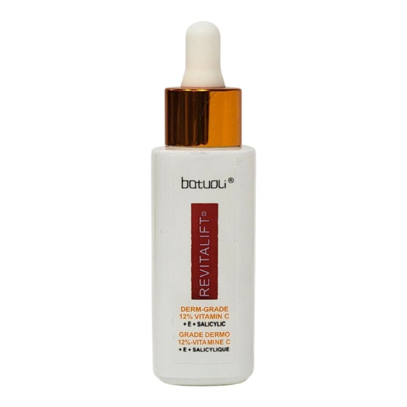 SUERO FACIAL DE VITAMINA C PURA Y ACIDO SALICILICO, QUE UNIFICA EL TONO DE LA PIEL, REFINA LOS POROS Y SUAVIZA LAS LINEAS DE ENVEJECIMIENTO DEJANDO LA PIEL MAS JOVEN Y RADIANTE BATUOLI 30ML (DUPE DE LOREAL)
