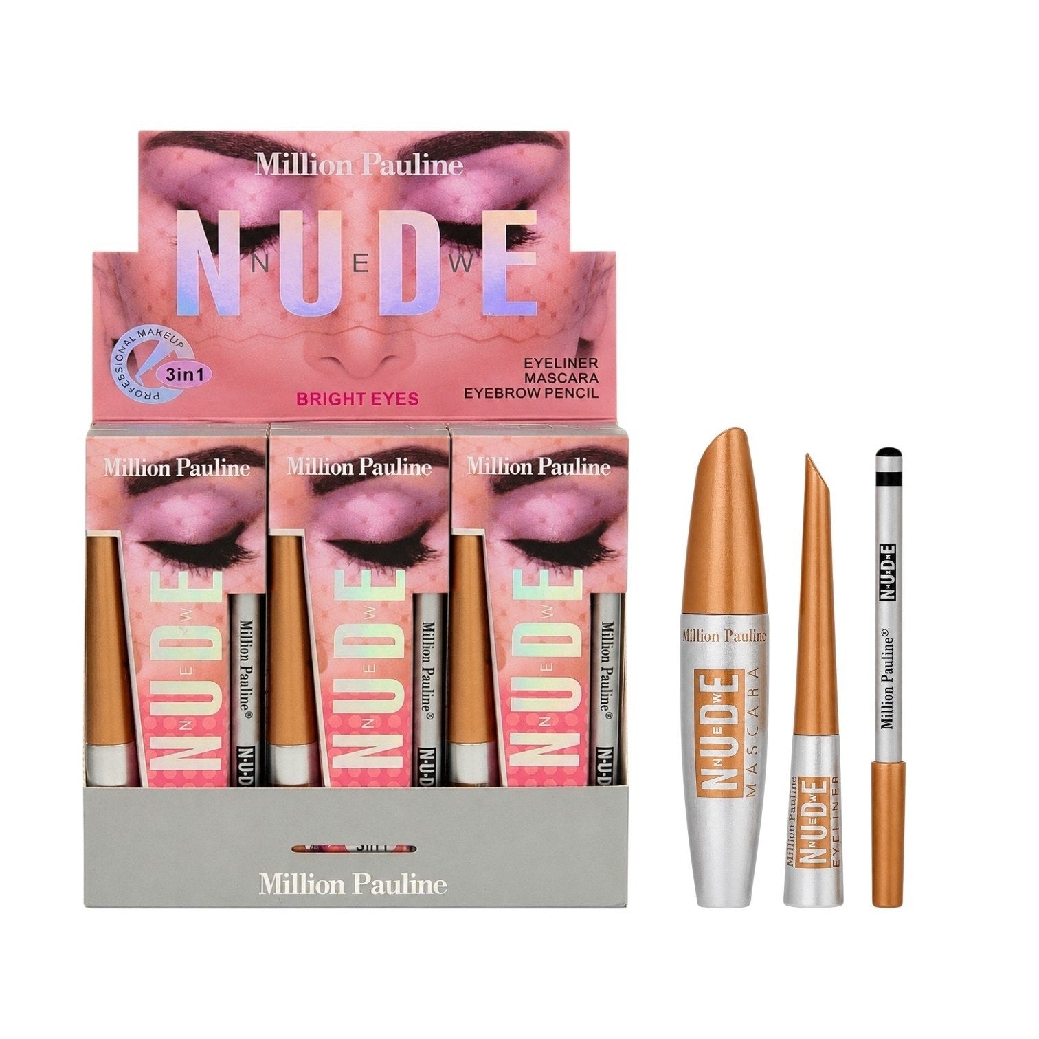 SET DE OJOS CON RIMEL EFECTO DE PESTAÑAS POSTIZAS DELINEADOR DE OJOS Y LAPIZ PARA CEJAS 3PCS MILLION PAULINE (DUPE DE MAX FACTOR)