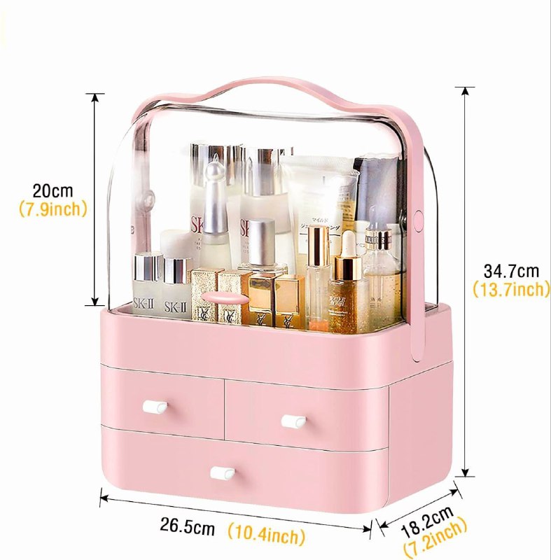 ORGANIZADOR ESTANTE DE COSMETICOS, MAQUILLAJE CAJA DE ALMACENAMIENTO CON CUBIERTA LIBRE DE POLVO, MANGO, PORTATIL, TAPA IMPERMEABLE COLOR ROSADO