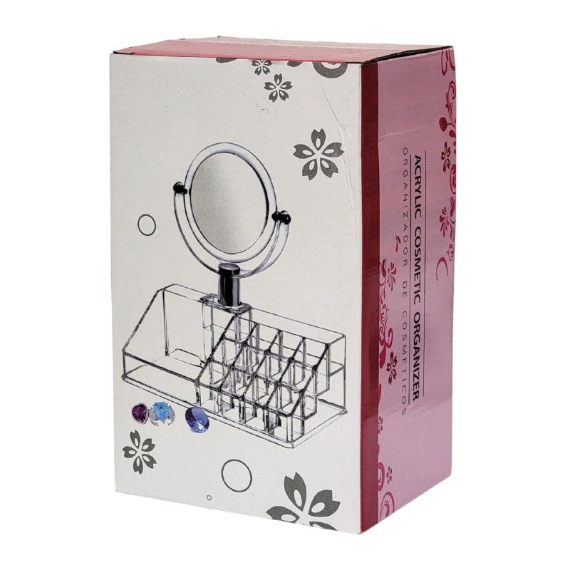 ORGANIZADOR DE MAQUILLAJE CON ESPEJO TRANSPARENTE DE ACRILICO 21X12X7CM