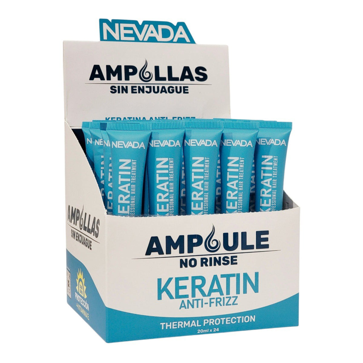 AMPOLLAS PARA EL CABELLO ANTI FRIZZ SIN ENJUAGE CON QUERATINA Y VITAMINA E NEVADA 20ML