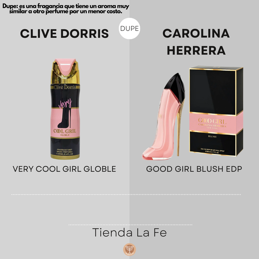 SPRAY PERFUMADO CONCENTRADO CLIVE DORRIS VERY COOL GIRL GLOBLE 250ML (M)(DUPE DE CAROLINA HERRERA GOOD GIRL BLUSH EDP 80ML)