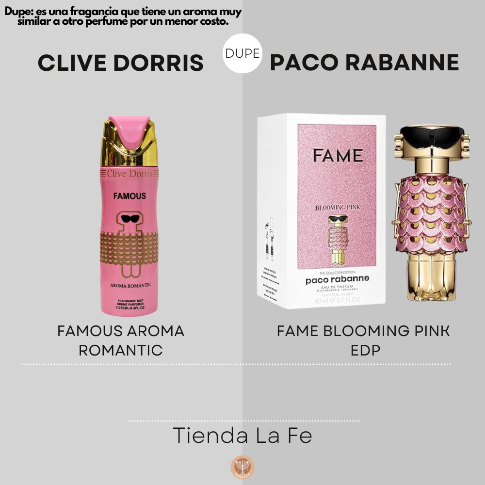 SPRAY PERFUMADO CONCENTRADO FAMOUS AROMA ROMANTIC CLIVE DORRIS 250ML (M)(DUPE DE PACO RABANNE FAME BLOOMING PINK EDP 100 ML)
