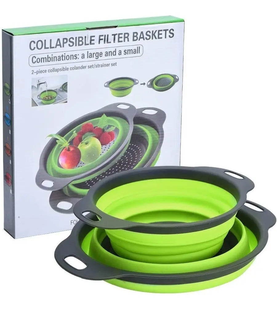CANASTA COLADOR PLEGABLE DE SILICONA CON MANGO PARA FRUTAS Y VERDURAS 19.5CMX24/23.5X29.5CM