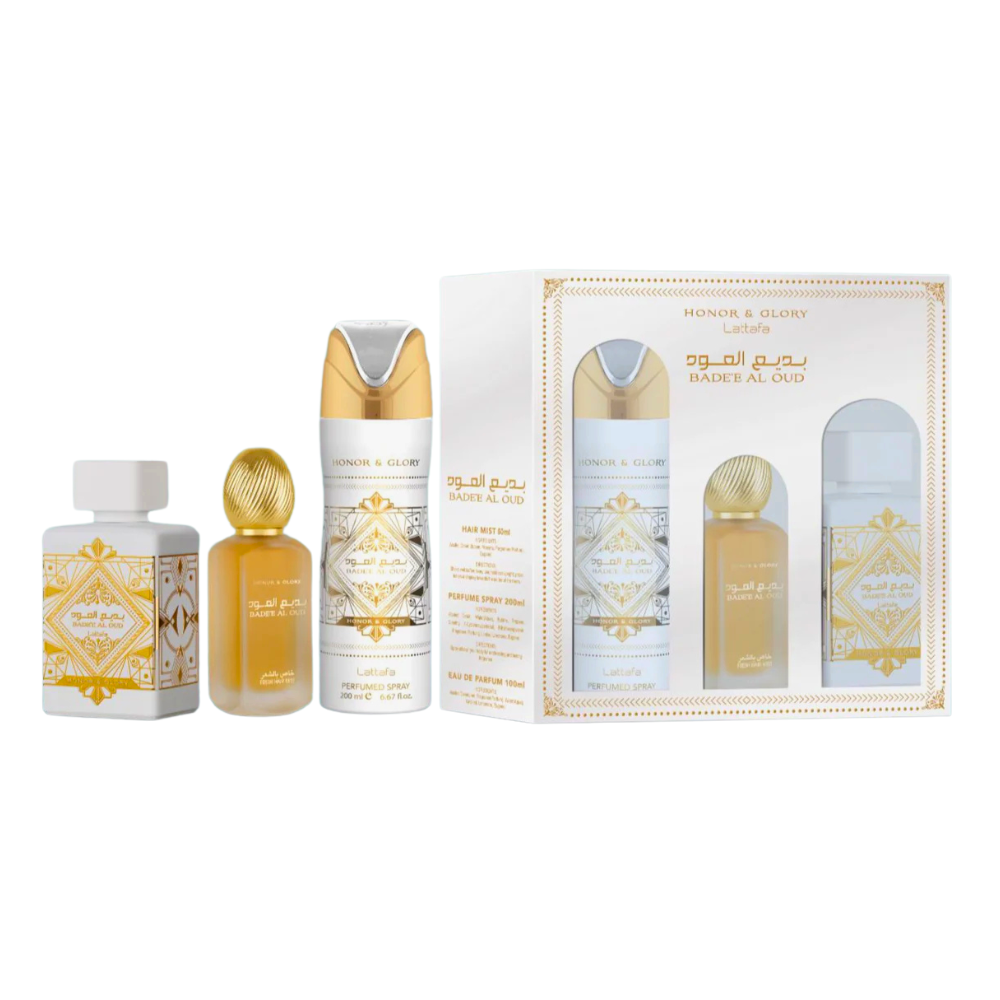 SET LATTAFA BADEE AL OUD HONOR & GLORY EDP 100ML SPLASH PARA EL CABELLO 50ML SPRAY CORPORAL 200ML (U)
