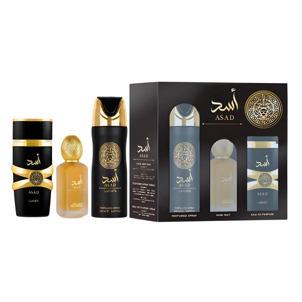 SET LATTAFA ASAD EDP 100ML SPRAY CORPORAL 200ML SPLASH PARA EL CABELLO 50ML (H)