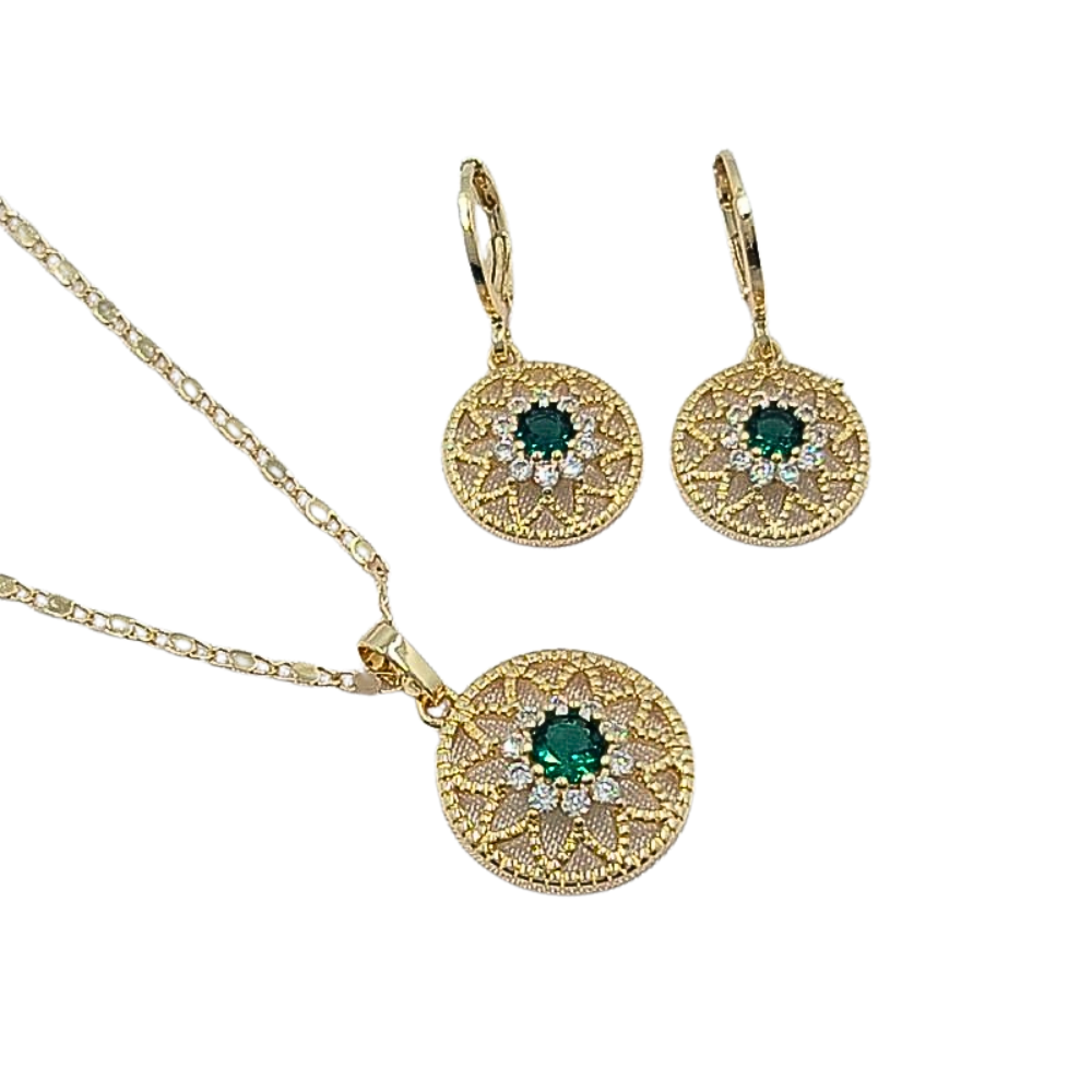 SET DE ENCHAPE CON FORMA DE CIRCULO CIRCON VERDE