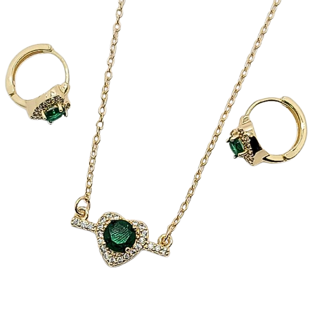 SET DE ENCHAPE CON FORMA DE CORAZON CON CIRCON VERDE