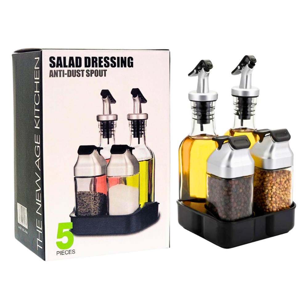 ORGANIZADOR DE ESPECIAS Y ACEITE U VINAGRE DE VIDRIO CON BOQUILLA ANTIPOLVO, CON UNA BANDEJA PRACTICA PARA COCINA SALAD DRESSING