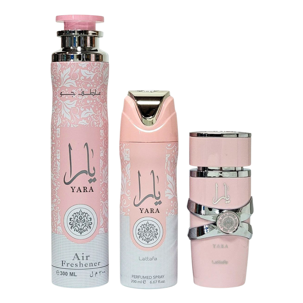 SET LATTAFA YARA EDP 100ML AMBIENTADOR PERFUMADO 300ML SPRAY CORPORAL 200ML (M)