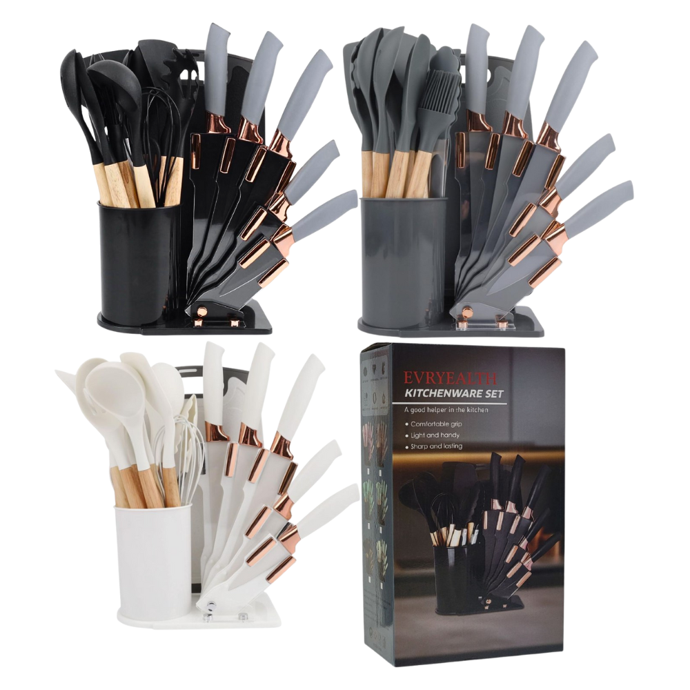 JUEGO DE CUCHILLOS DE COCINA, NEGRO GRIS Y BLANCO UTENSILIOS DE COCINA, CUCHARONES AGARRE COMODO, LIGERO, DURADERO EVRYALTH 18UND