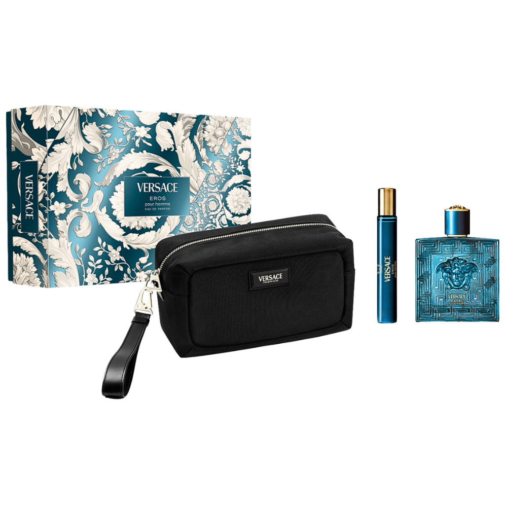 SET VERSACE EROS POUR HOMME EDP 100ML, EDP 10ML, BOLSO DE VIAJE (H)