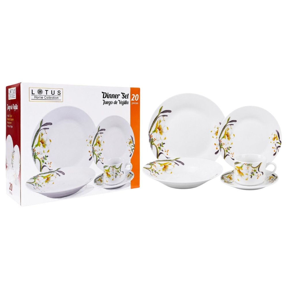 JUEGO DE PLATOS VAJILLA DE PORCELANA CON DISEÑO FLORAL ELEGANTE LOTUS 20PCS