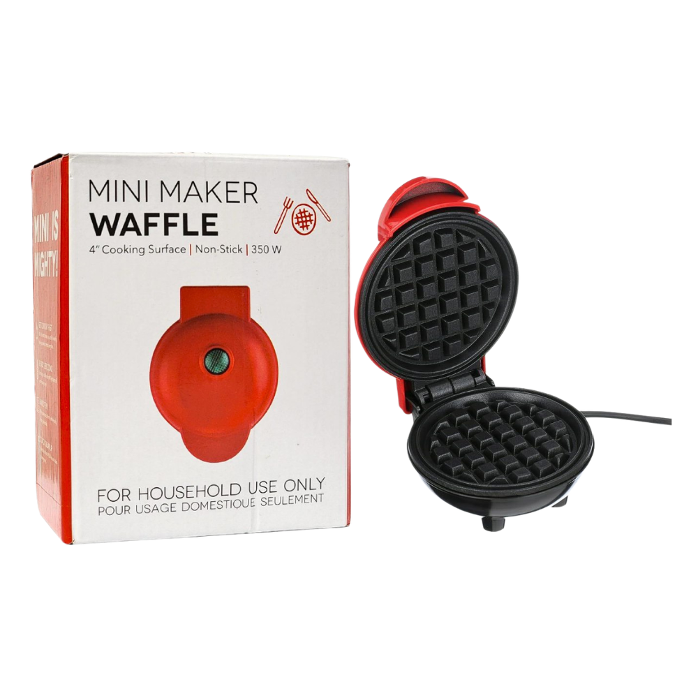 MAQUINA MINI WAFFLERA ELECTRICA CON SUPERFICIE ANTIADHERENTE DE 10CM Y 350W DE POTENCIA