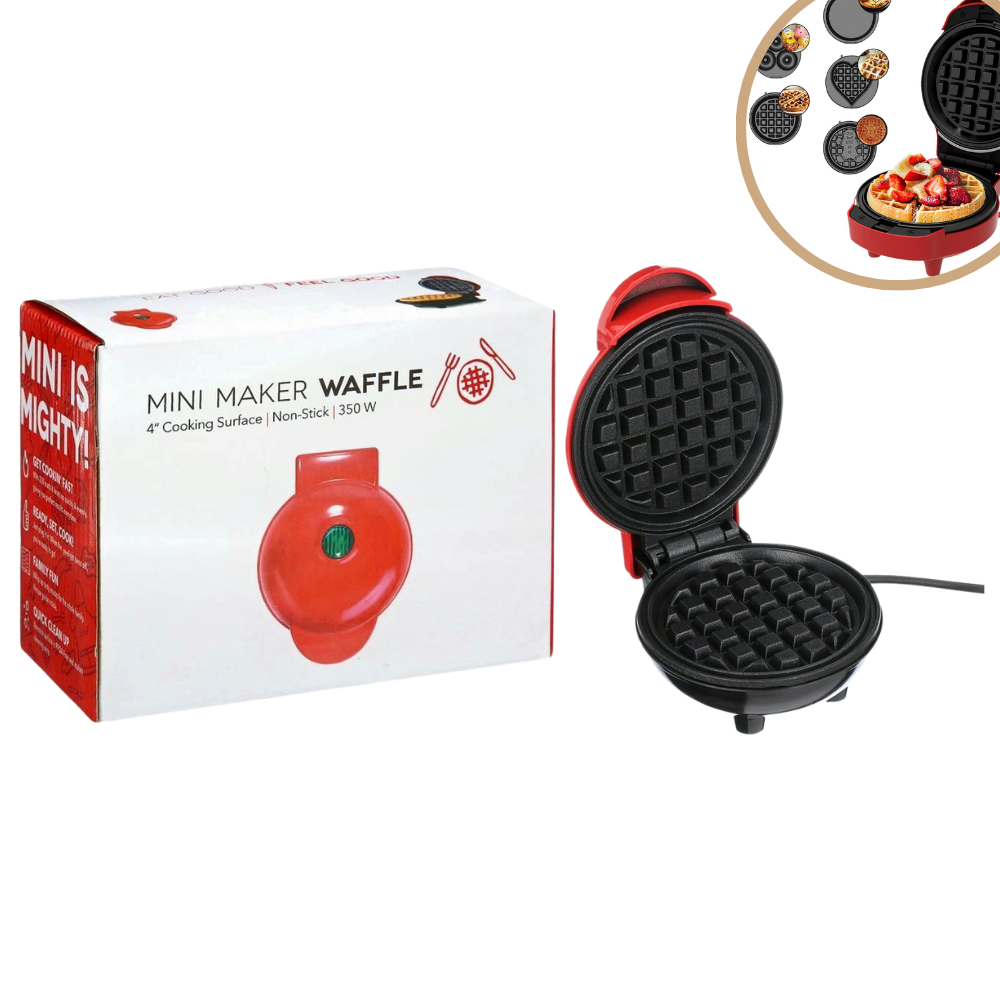 MAQUINA MINI WAFFLERA ELECTRICA CON SUPERFICIE ANTIADHERENTE DE 10CM Y 350W DE POTENCIA