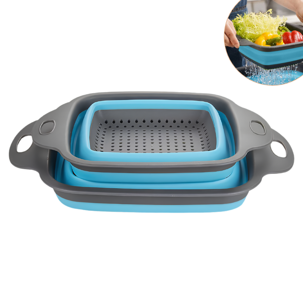 CANASTA COLADOR PLEGABLE DE SILICONA PARA COCINA EN SET DE 2 PIEZAS 25.5X18.5CM/22X29CM