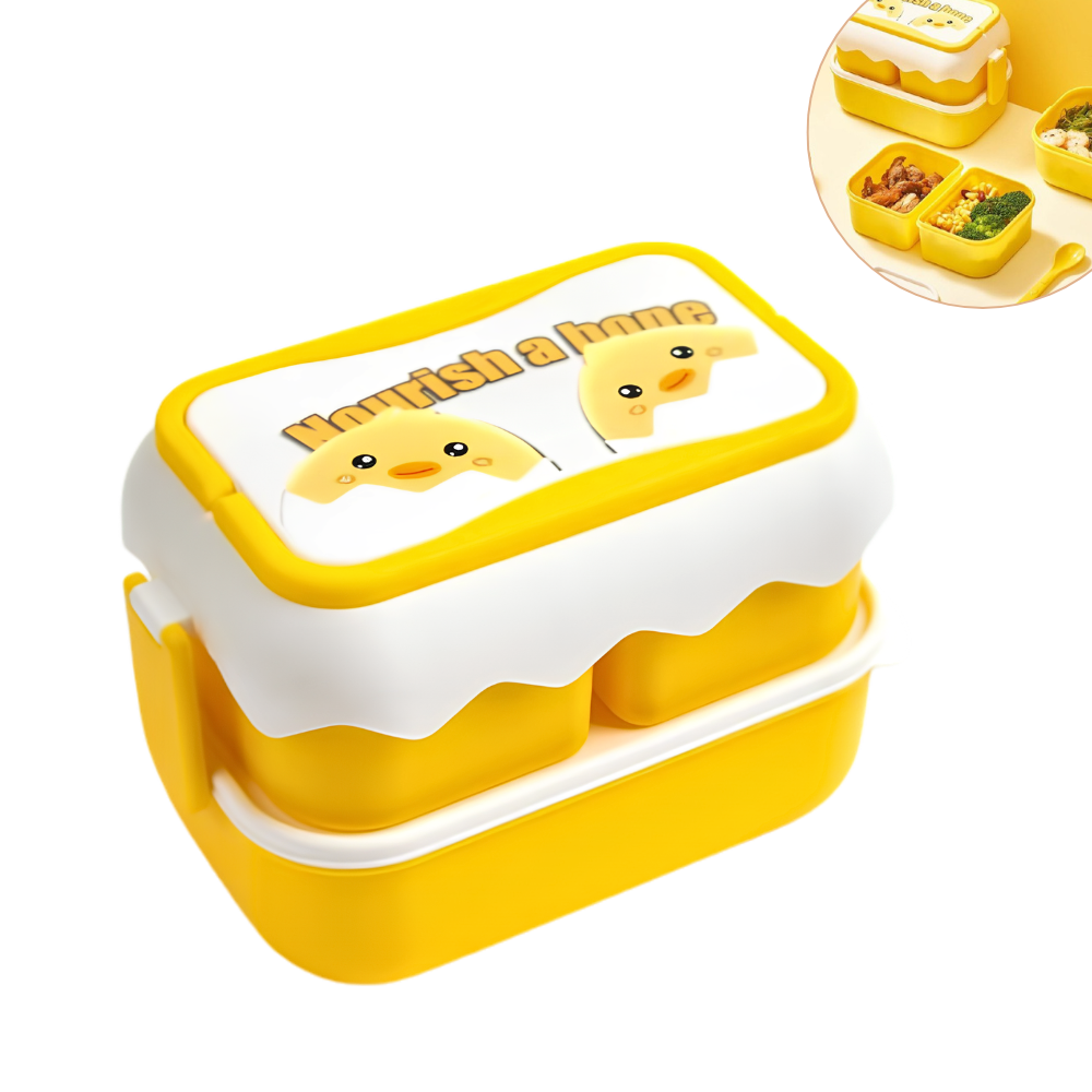 LONCHERA INFANTIL DE 3 DIVISIONES CON TENEDOR Y CUCHARA CON DISEÑO DE POLLITO 1850ML