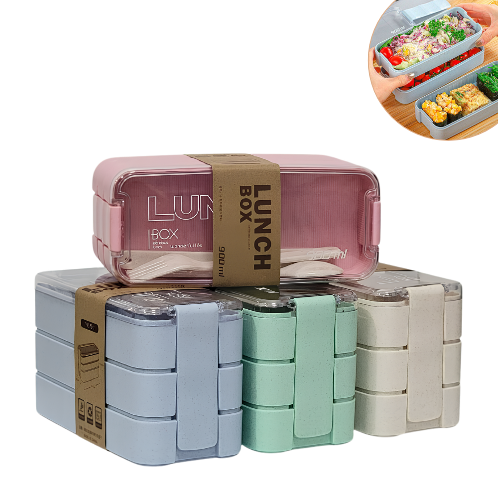 LONCHERA ESTILO BENTO PORTATIL DE 3 COMPARTIMIENTOS CON CUBIERTOS 900ML