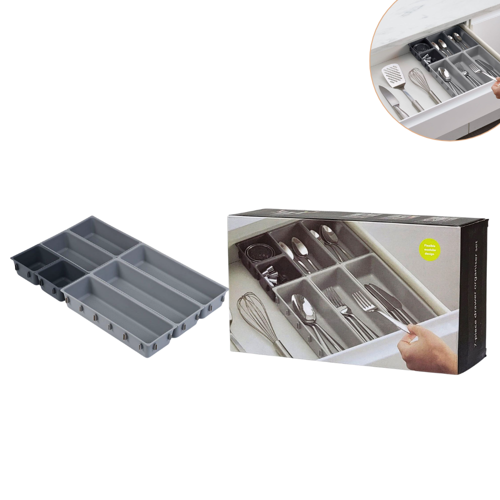 ORGANIZADORES DE CUBIERTOS MODULARES PARA CAJON DE COCINA DE PLASTICO RESISTENTE 7PCS