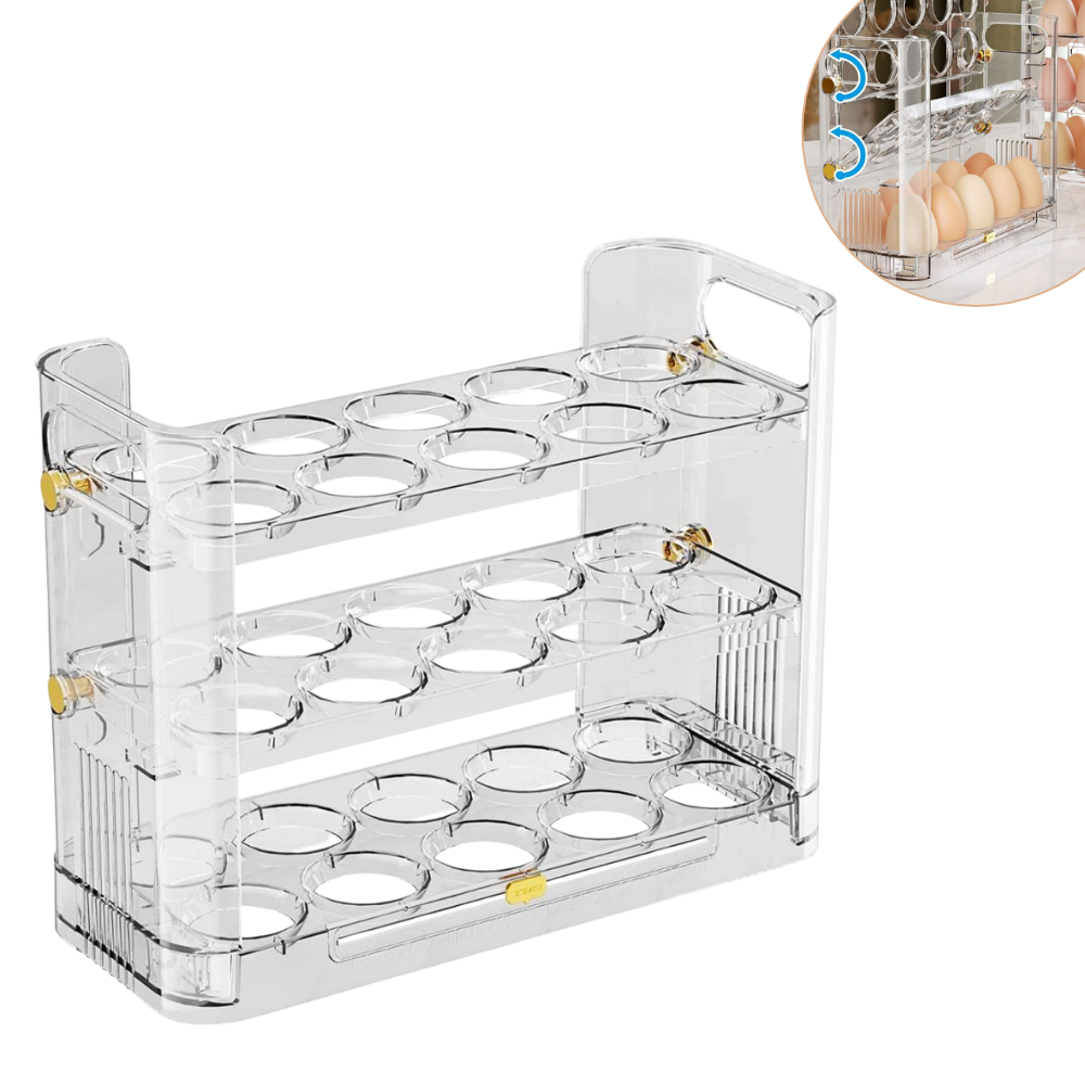 ORGANIZADOR DE HUEVOS TRANSPARENTE DE 3 CAPAS GIRATORIAS CON CAPACIDAD DE 30 HUEVOS 25X10X20CM