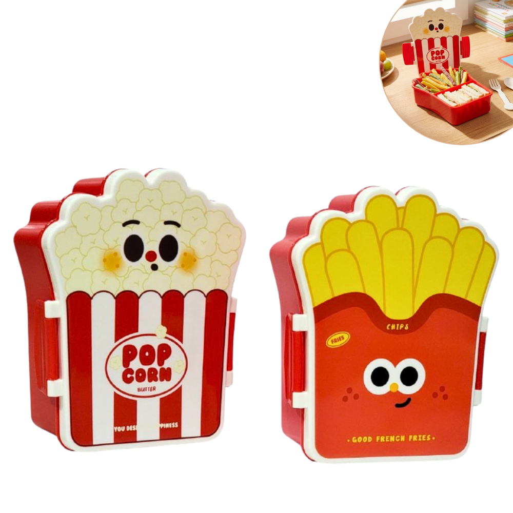 LONCHERA CON DISEÑO DE PAPAS FRITAS Y PALOMITAS CON SEPARADOR Y CUBIERTOS PARA NIÑOS