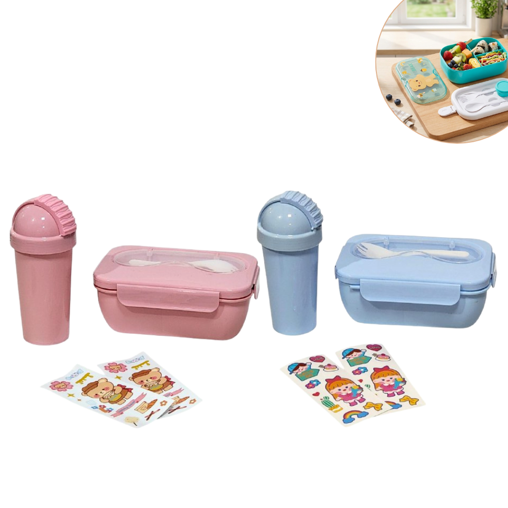 SET DE LONCHERA CON SEPARADOR, CUBIERTOS, BOTE Y STICKERS PARA NIÑOS