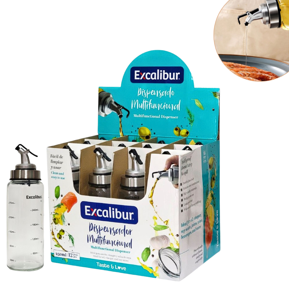BOTELLA DISPENSADORA DE ACEITE MULTIFUNCIONAL DE VIDRIO Y ACERO INOXIDABLE EXCALIBUR 250ML