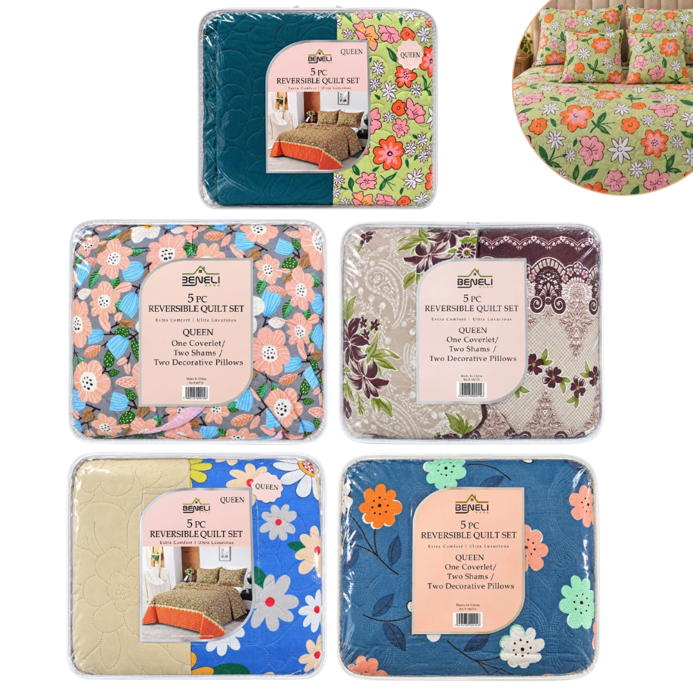 JUEGO DE EDREDON CUBRECAMA REVERSIBLE QUEEN DE 5 PIEZAS BENELI HOME