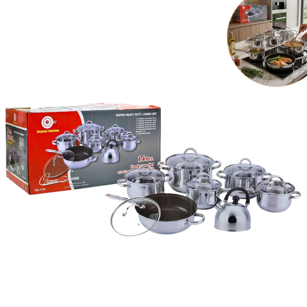 SET DE OLLAS DE 14 PIEZAS CACEROLAS, SARTEN Y TETERA DE ACERO INOXIDABLE DE CALIDAD PROFESIONAL CRYSTAL CUISINE