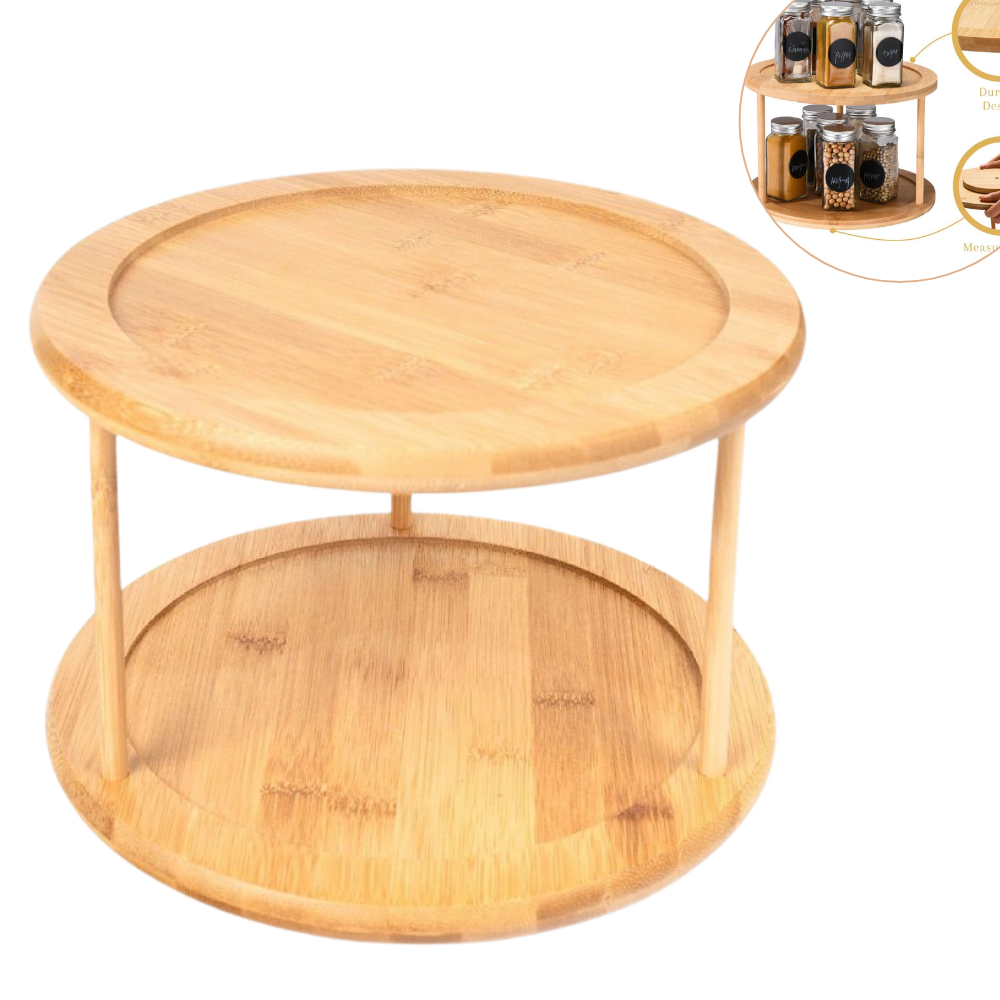 ORGANIZADOR ESPECIERO GIRATORIO DE 2 NIVELES DE MADERA DE BAMBU 25.4X17.8CM