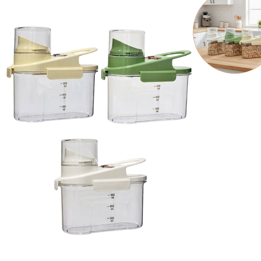 RECIPIENTE DISPENSADOR Y ALMACENADOR DE CEREALES Y GRANOS CON TAZA MEDIDORA 900ML